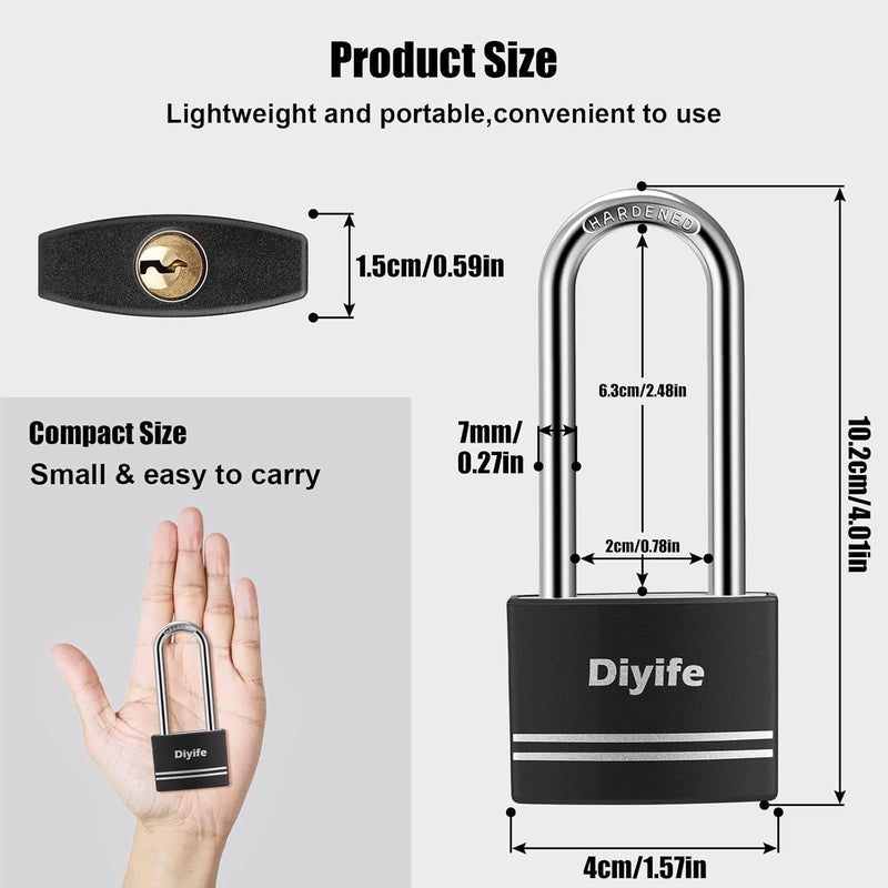 Diyife Padlock with Key, [2 Pack] [Waterproof] Lock with Key, Long Shackle Padlocks for Outdoor Anti-Rust, Small Covered Aluminum Padlock with 4 Alike Keys for Gym Locker, Fence, Shed - Image 2